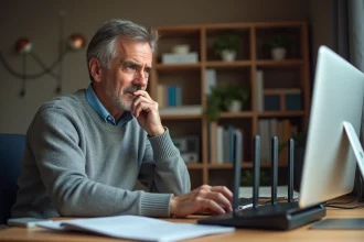 Homme d'âge moyen vérifiant son routeur WiFi dans un bureau à domicile