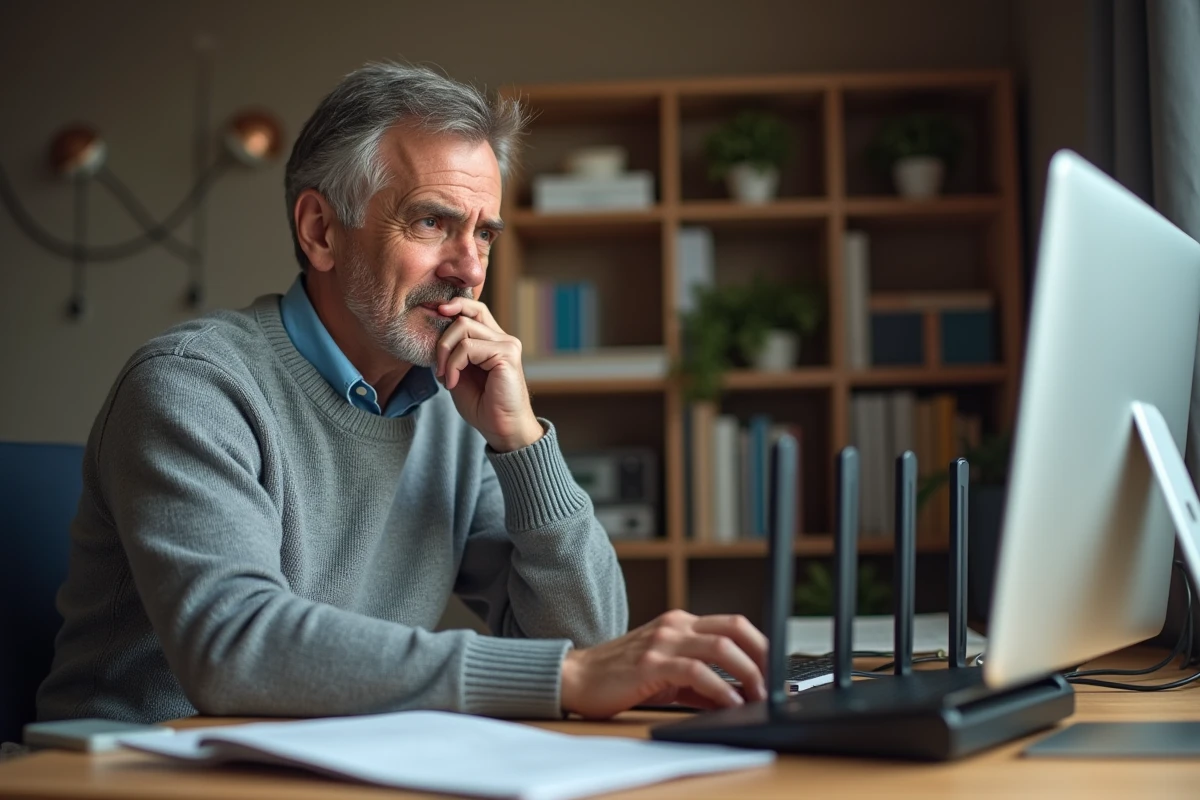Homme d'âge moyen vérifiant son routeur WiFi dans un bureau à domicile