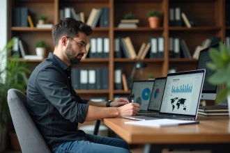 Homme concentré comparant des dashboards SEO sur son bureau