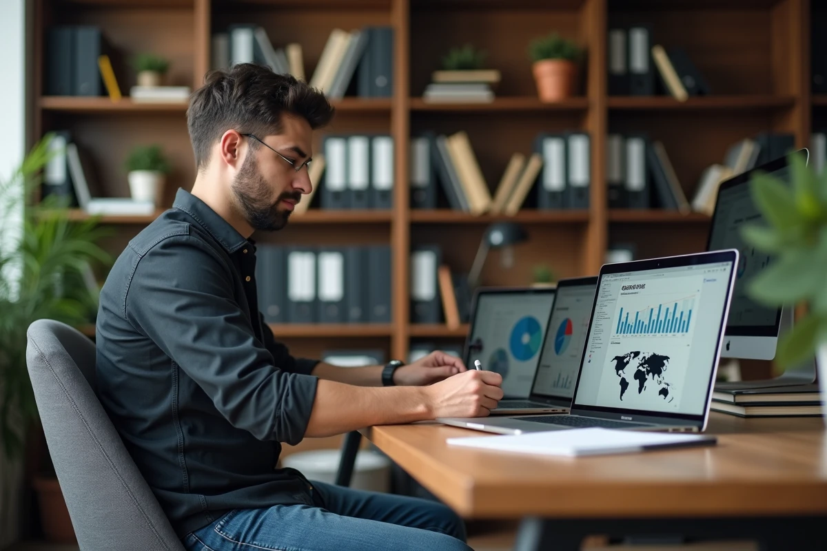 Homme concentré comparant des dashboards SEO sur son bureau