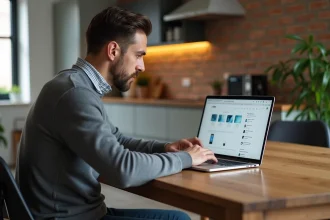 Homme utilisant un ordinateur pour gérer le wifi dans un appartement moderne