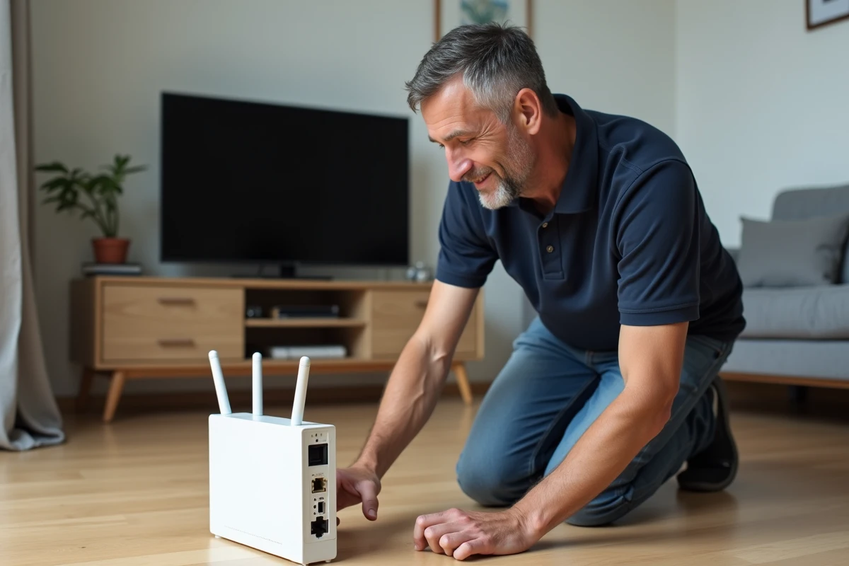 Homme indiquant le panneau arrière d'une Bbox pour localiser l'identifiant et le mot de passe WiFi