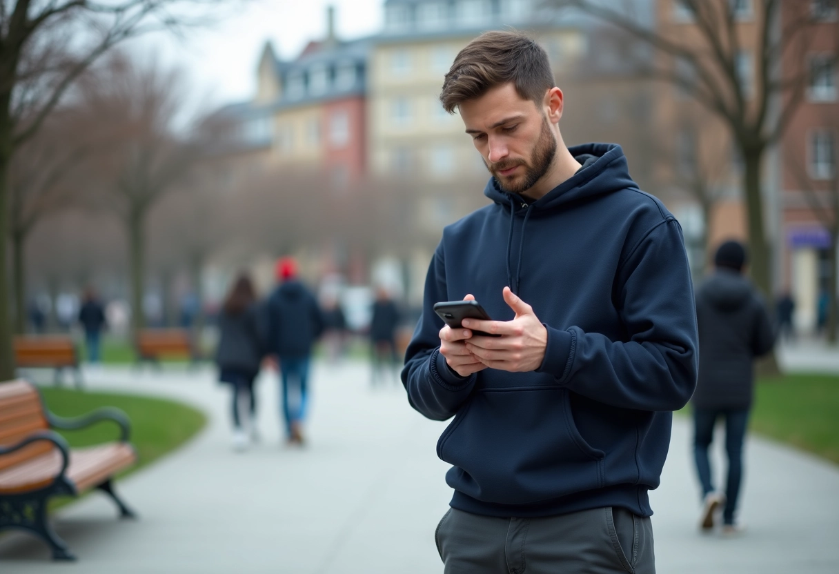Homme dans un parc urbain utilisant son smartphone