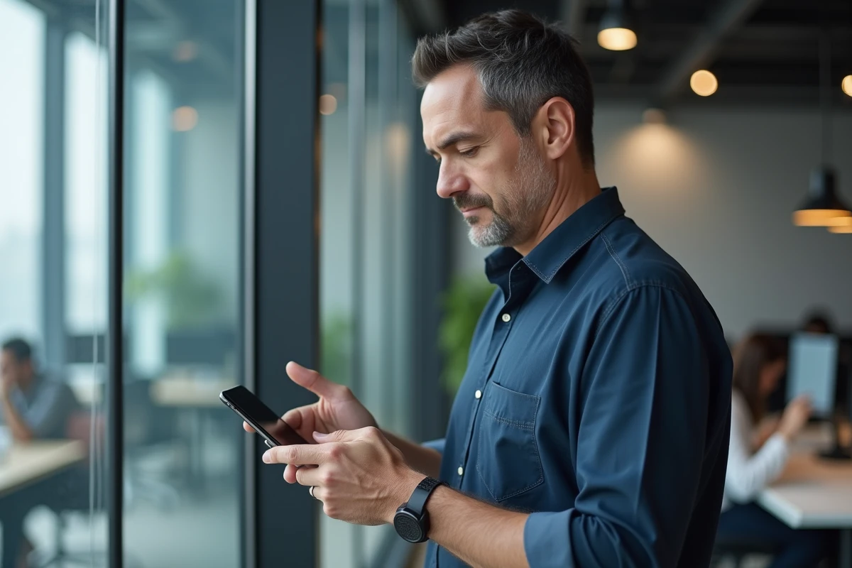 Homme en entreprise partageant un fichier Excel depuis son smartphone, solution de collaboration mobile en ligne