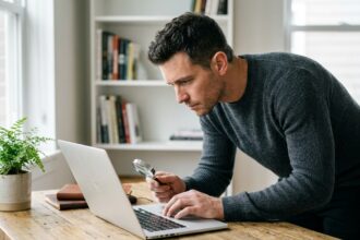 Homme inspectant un PC portable reconditionné sur un bureau en bois dans un home office minimaliste