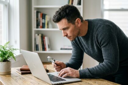 Homme inspectant un PC portable reconditionné sur un bureau en bois dans un home office minimaliste