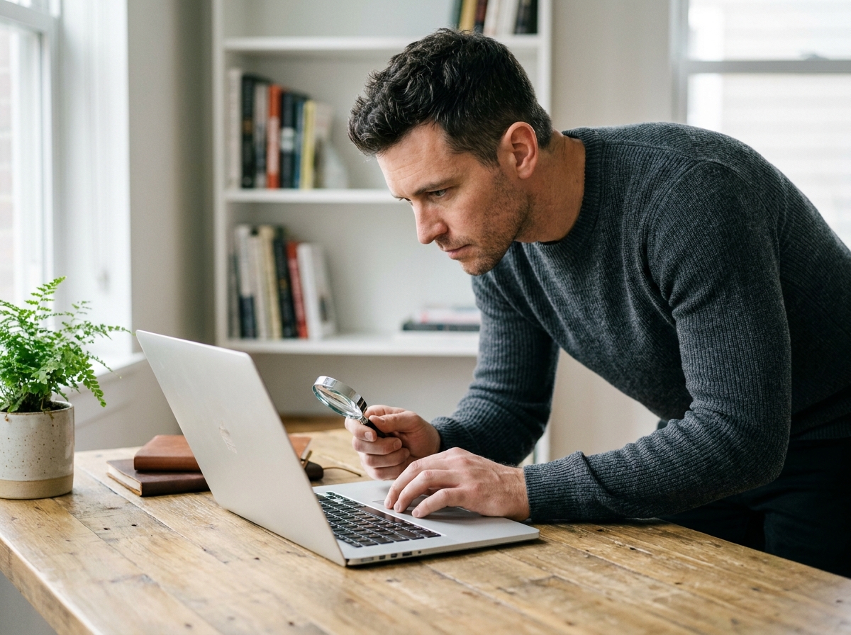 Homme inspectant un PC portable reconditionné sur un bureau en bois dans un home office minimaliste