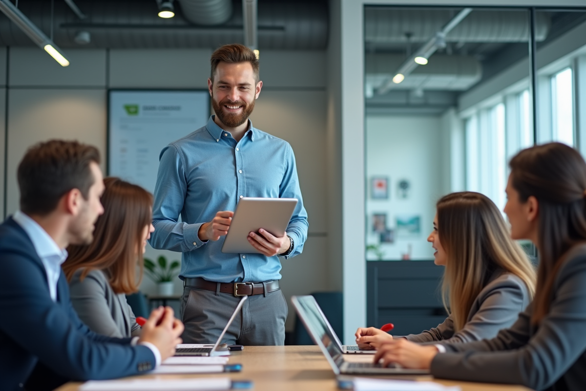 Homme présentant une certification SEO en réunion de travail