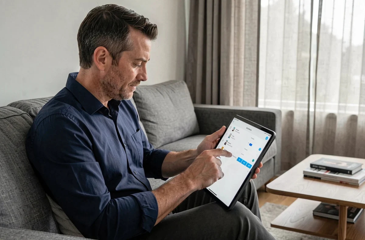 Homme activant les options du presse-papier Android sur une tablette posée sur ses genoux dans un salon moderne