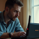 Homme frustré regardant un routeur internet allumé