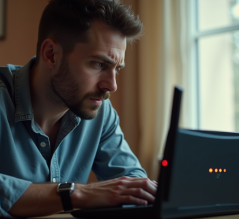 Homme frustré regardant un routeur internet allumé