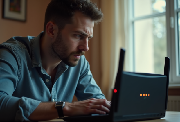 Homme frustré regardant un routeur internet allumé