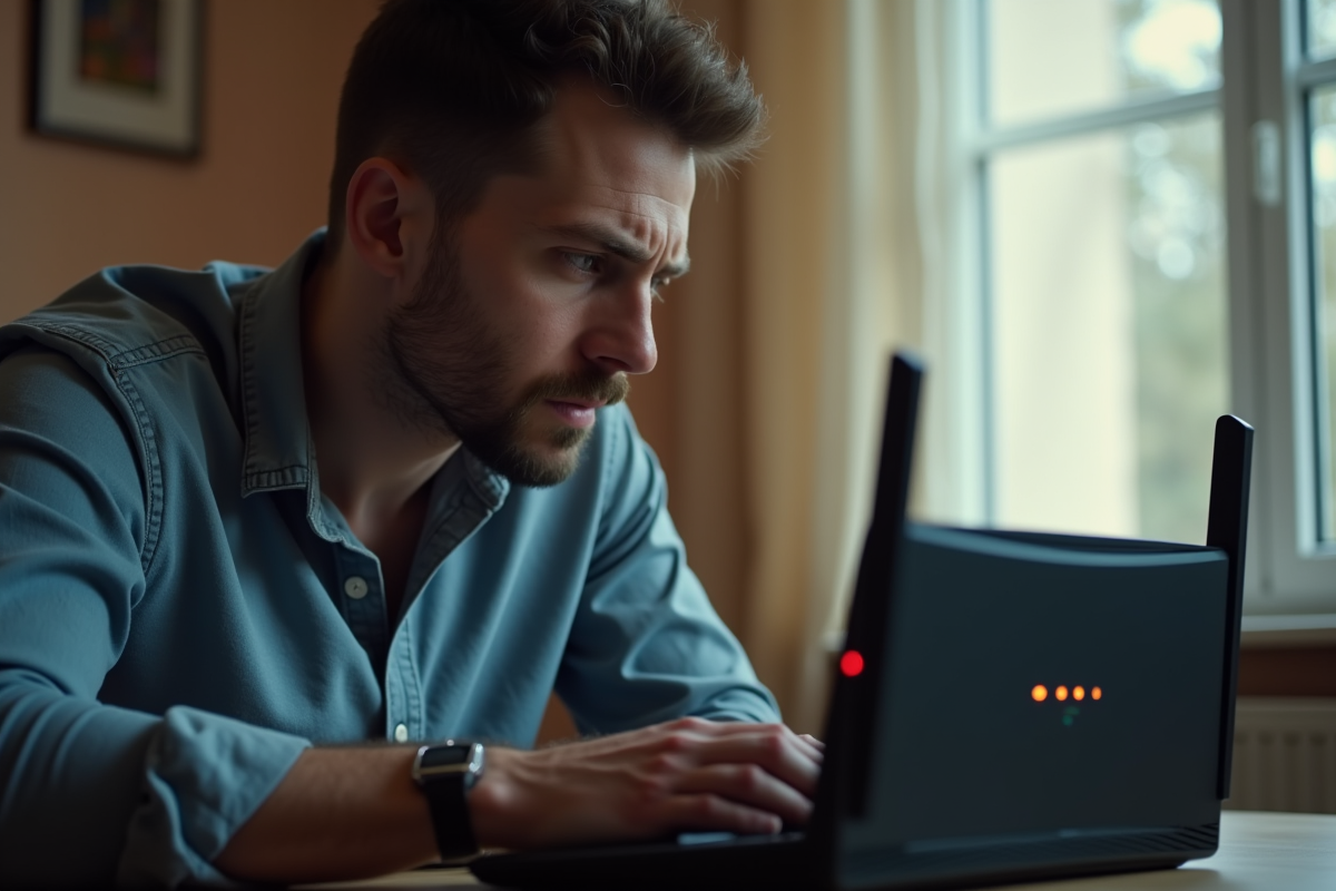 Homme frustré regardant un routeur internet allumé