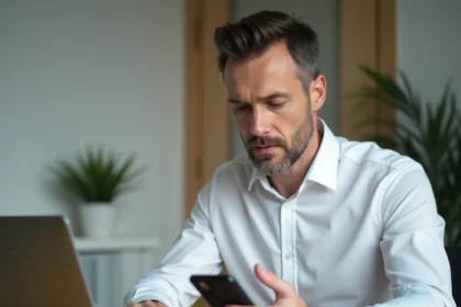 Homme tenant un smartphone Android moderne et consultant ses configurations et options de stockage