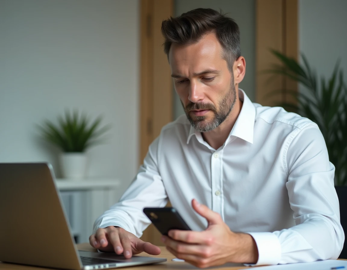 Homme tenant un smartphone Android moderne et consultant ses configurations et options de stockage
