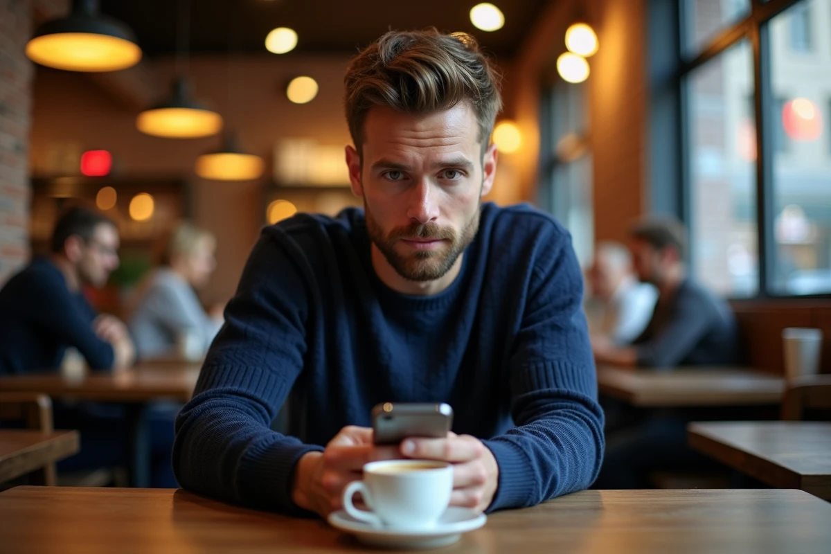 Homme consultant discrètement les stories Instagram sur son téléphone dans un café