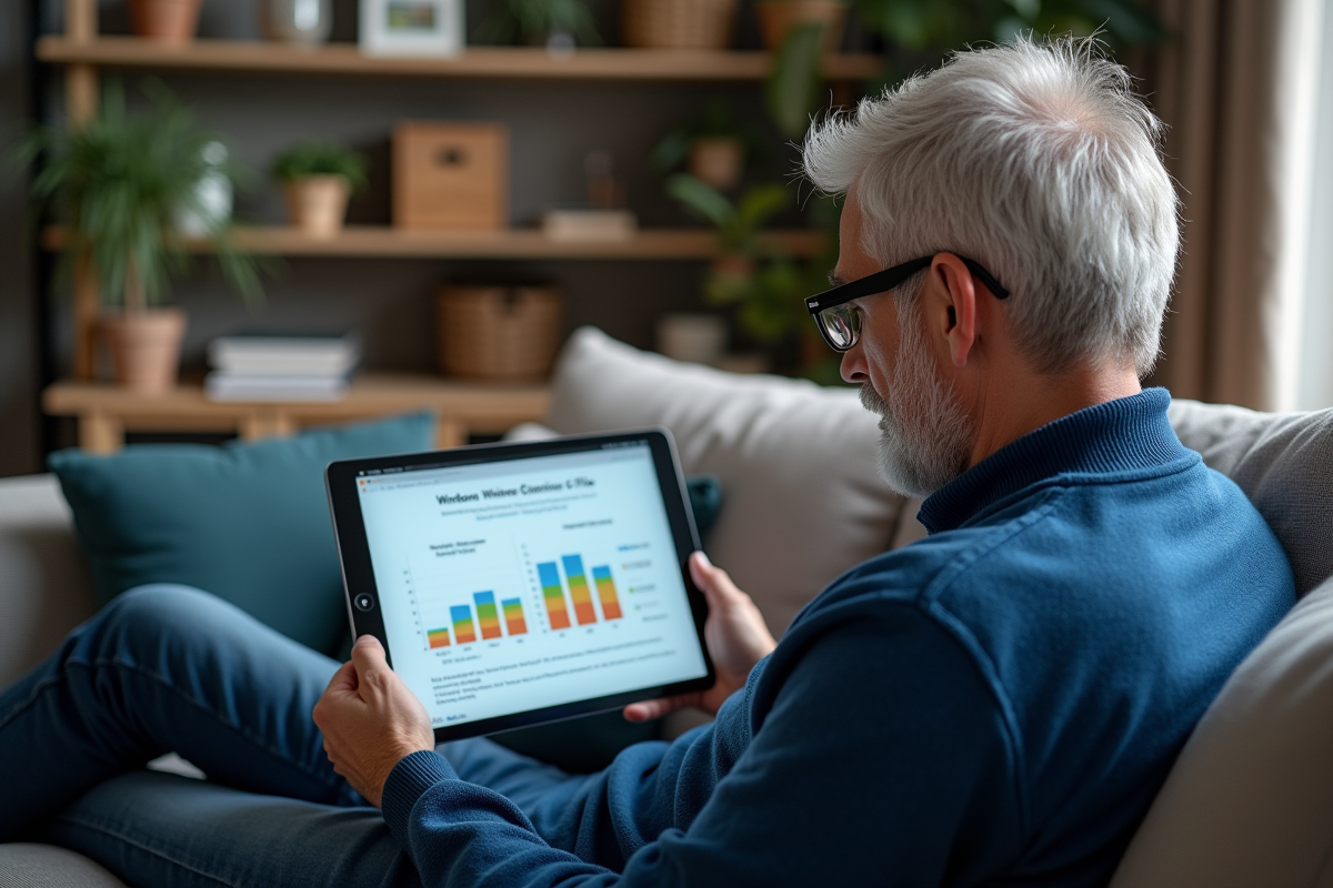 Homme âgé utilisant une tablette avec graphique de fichiers