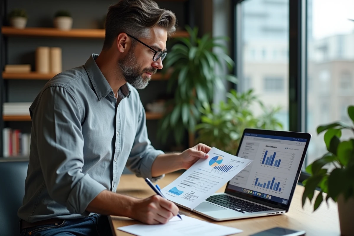 Homme debout à son bureau en télétravail analysant des rapports de ventes avec Excel et des formules de moyenne pondérée