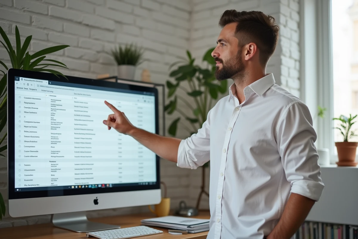 Homme en télétravail indiquant les champs destinataires d'un email ouvert sur un grand écran de bureau dans un espace home office soigné