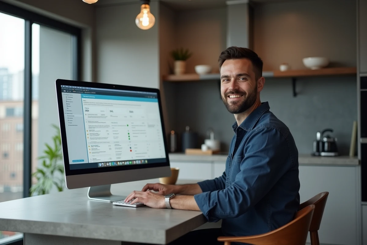 Homme en télétravail gérant ses emails professionnels via une interface webmail sur un grand écran dans une cuisine moderne