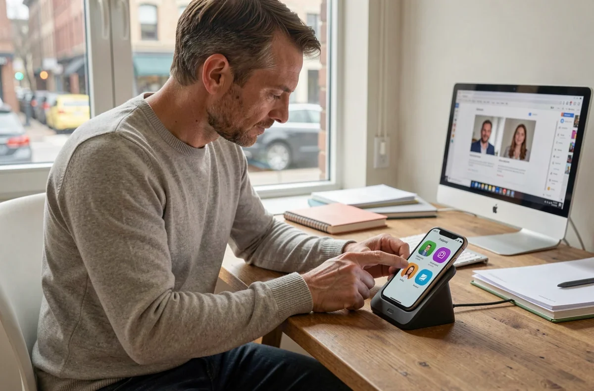 Homme en télétravail configurant deux profils distincts sur son téléphone Android pour séparer vie professionnelle et personnelle