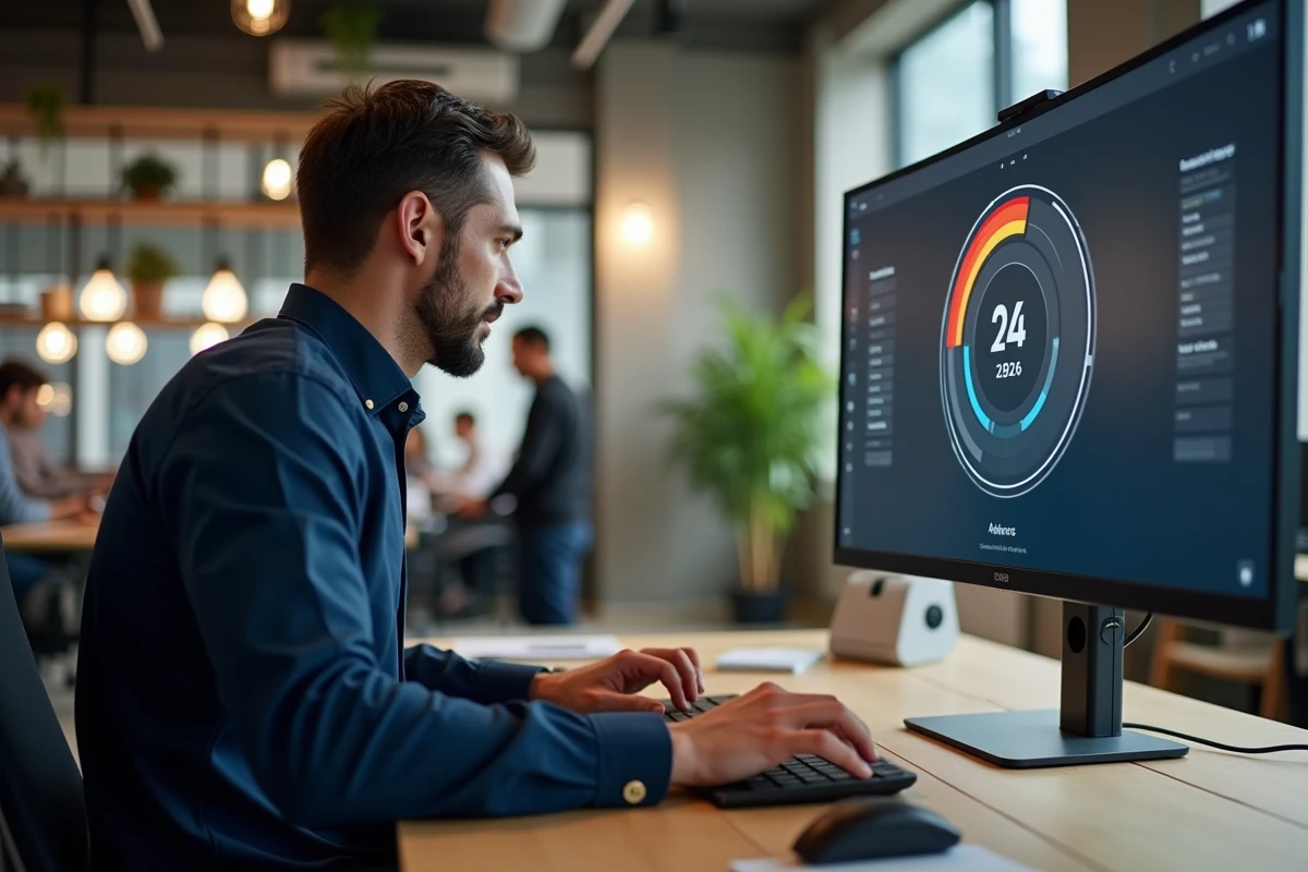Homme testant sa progression de vitesse de frappe sur un clavier sans fil dans un bureau moderne en open space