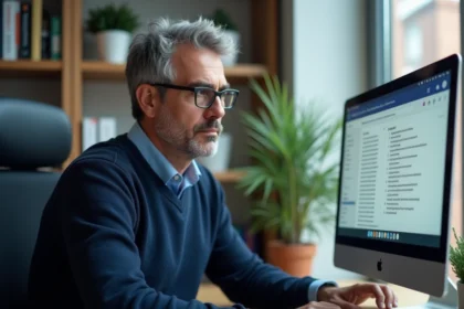 Homme d'âge moyen utilisant email Roundcube au bureau