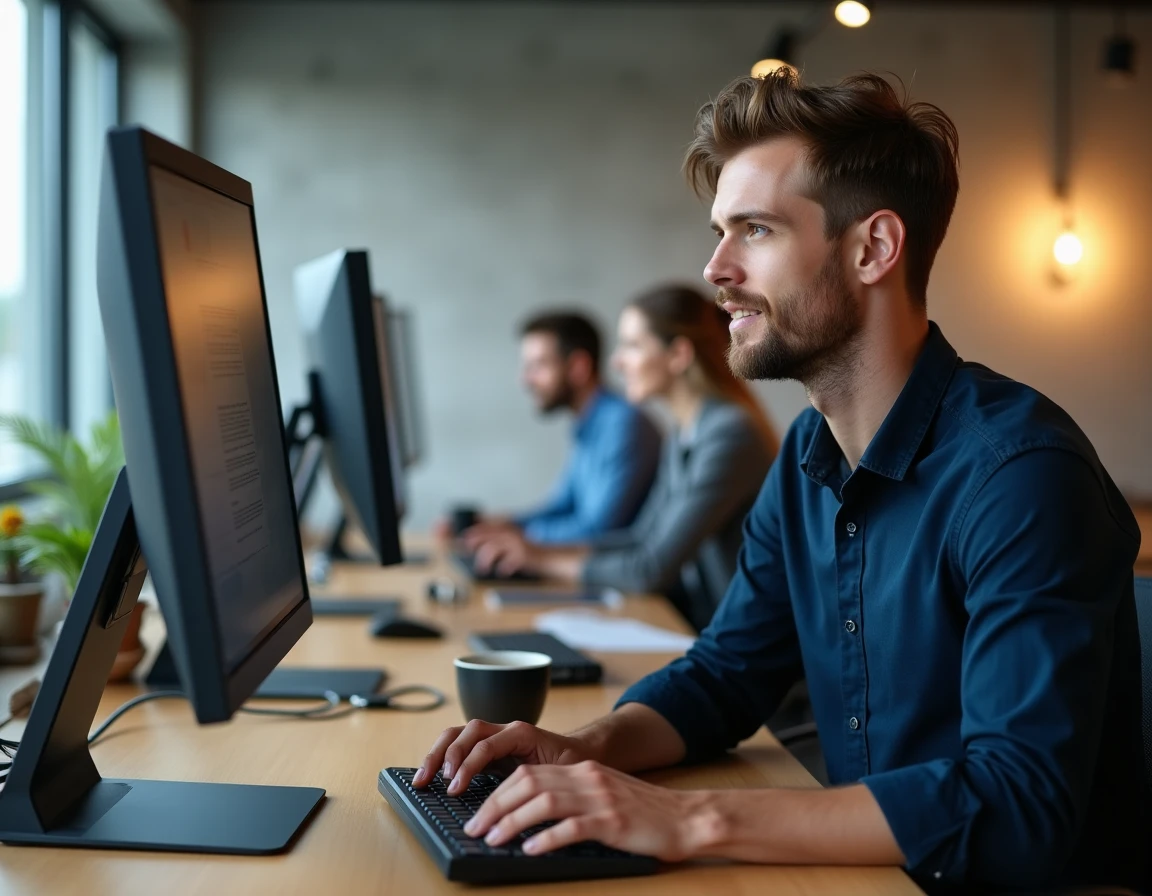 Homme vérifiant le nombre de caractères d'un texte sur un grand écran dans un espace de coworking