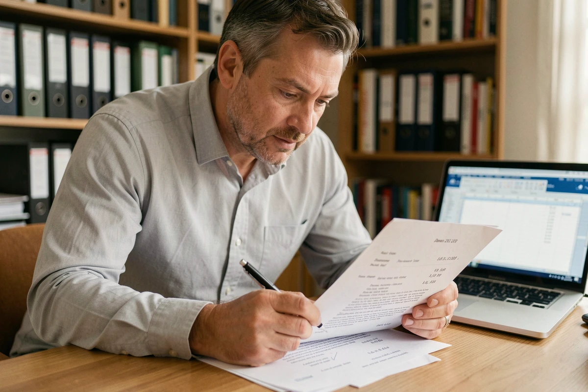 Homme examinant une lettre de publipostage imprimée avec dates et montants en euros correctement formatés
