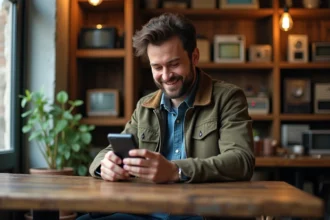 Homme examine un téléphone Samsung E250 dans un magasin vintage