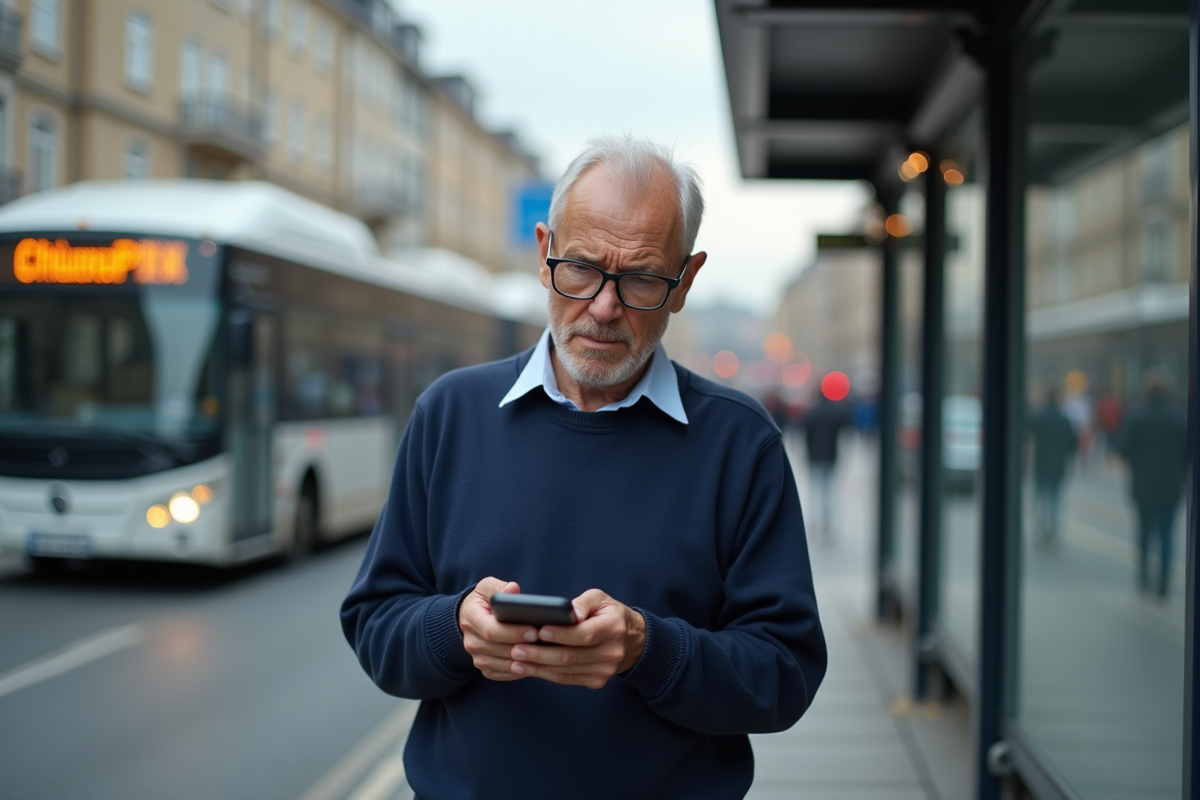 Homme âgé utilisant la voix sur son téléphone dans la rue