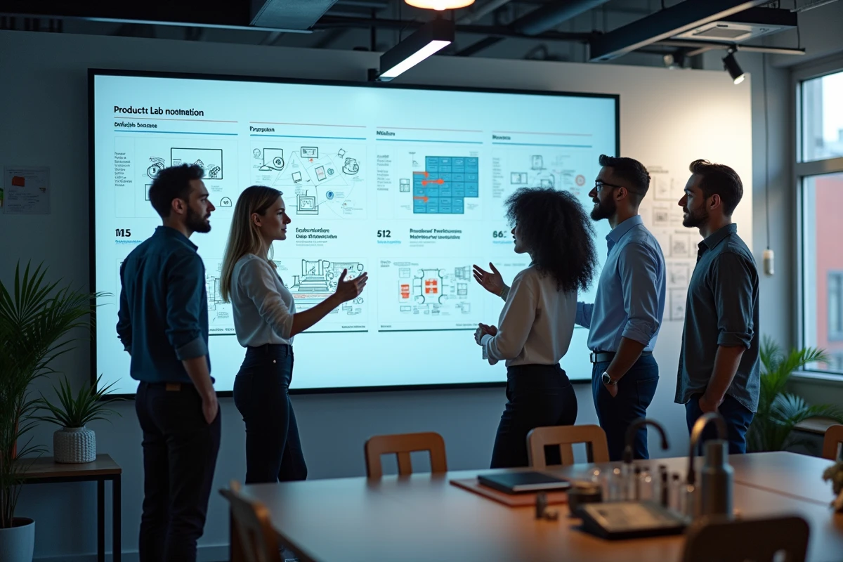 Une équipe diversifiée de quatre professionnels collabore autour d'un écran tactile présentant une feuille de route d'innovations technologiques dans un laboratoire d'innovation