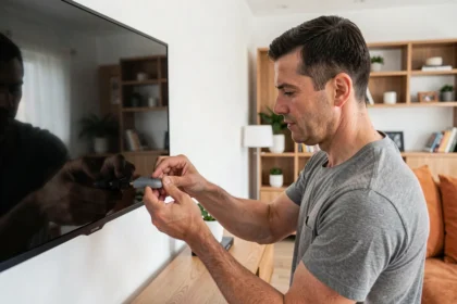 Homme branchant un Chromecast sur le port HDMI d'un téléviseur dans un salon moderne