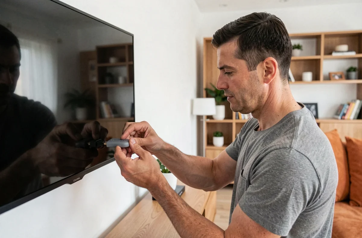 Homme branchant un Chromecast sur le port HDMI d'un téléviseur dans un salon moderne