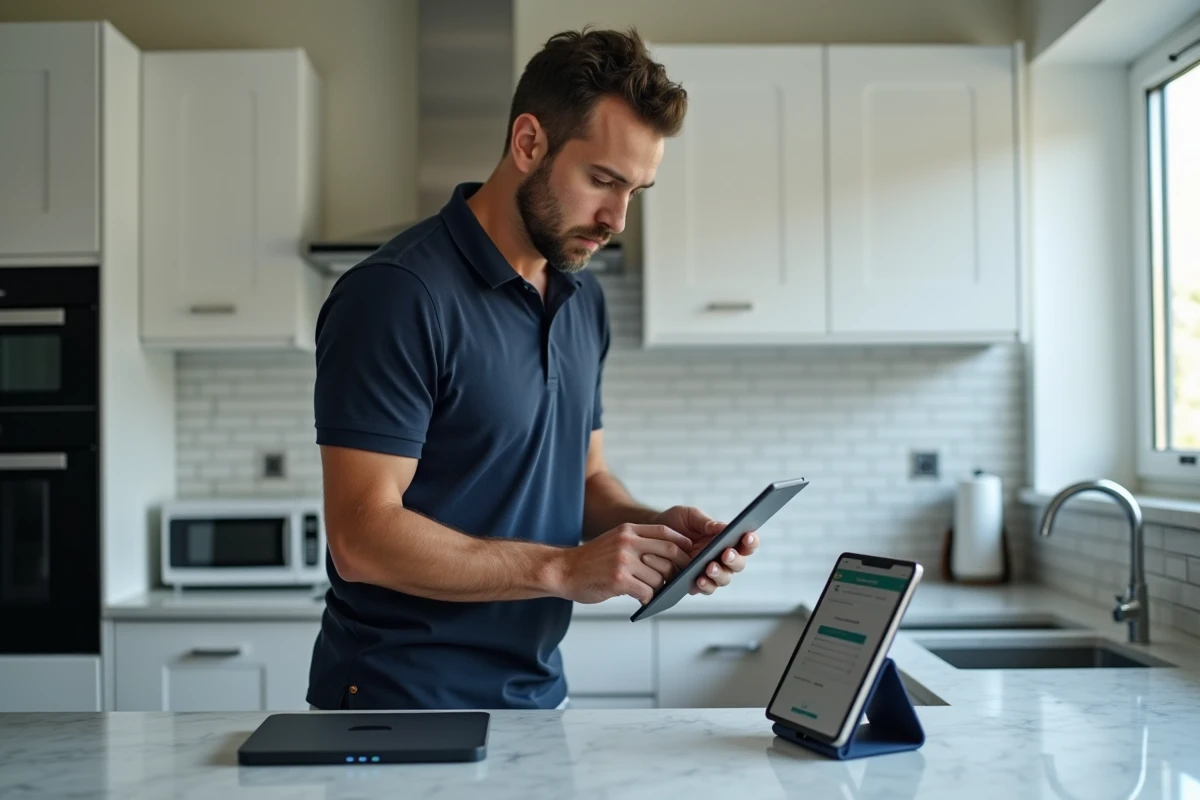 Homme accédant à l'interface d'administration de la Freebox via un navigateur sur tablette dans une cuisine moderne sécurisée