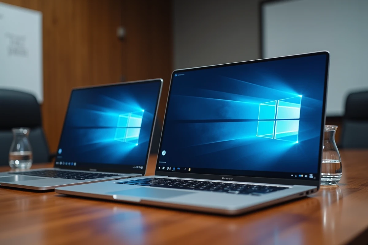 Comparaison visuelle des interfaces Windows 10 et Windows 11 sur deux ordinateurs portables posés côte à côte sur une table de réunion