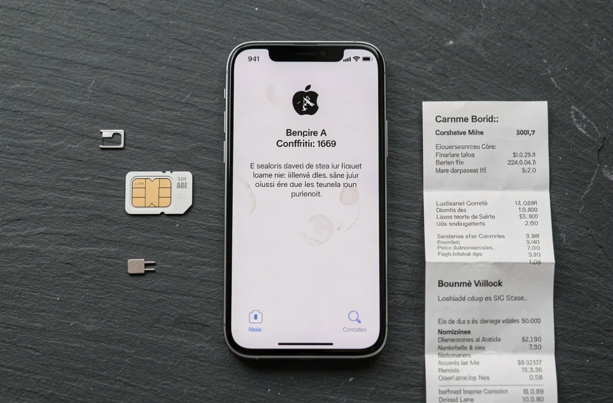 Vue aérienne d'un iPhone 16e affichant un message de déblocage opérateur, accompagné d'une carte SIM et d'un document officiel