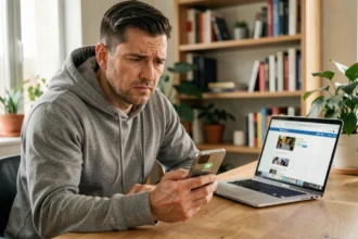 Homme tenant un iPhone affichant un message de verrouillage opérateur, assis dans un bureau à domicile moderne