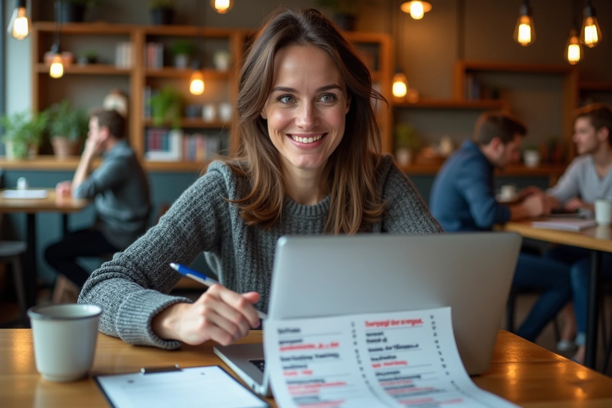 Une femme dans un café annote une feuille d'acronymes et de jargon technologique avec un stylo en simplifiant les termes complexes