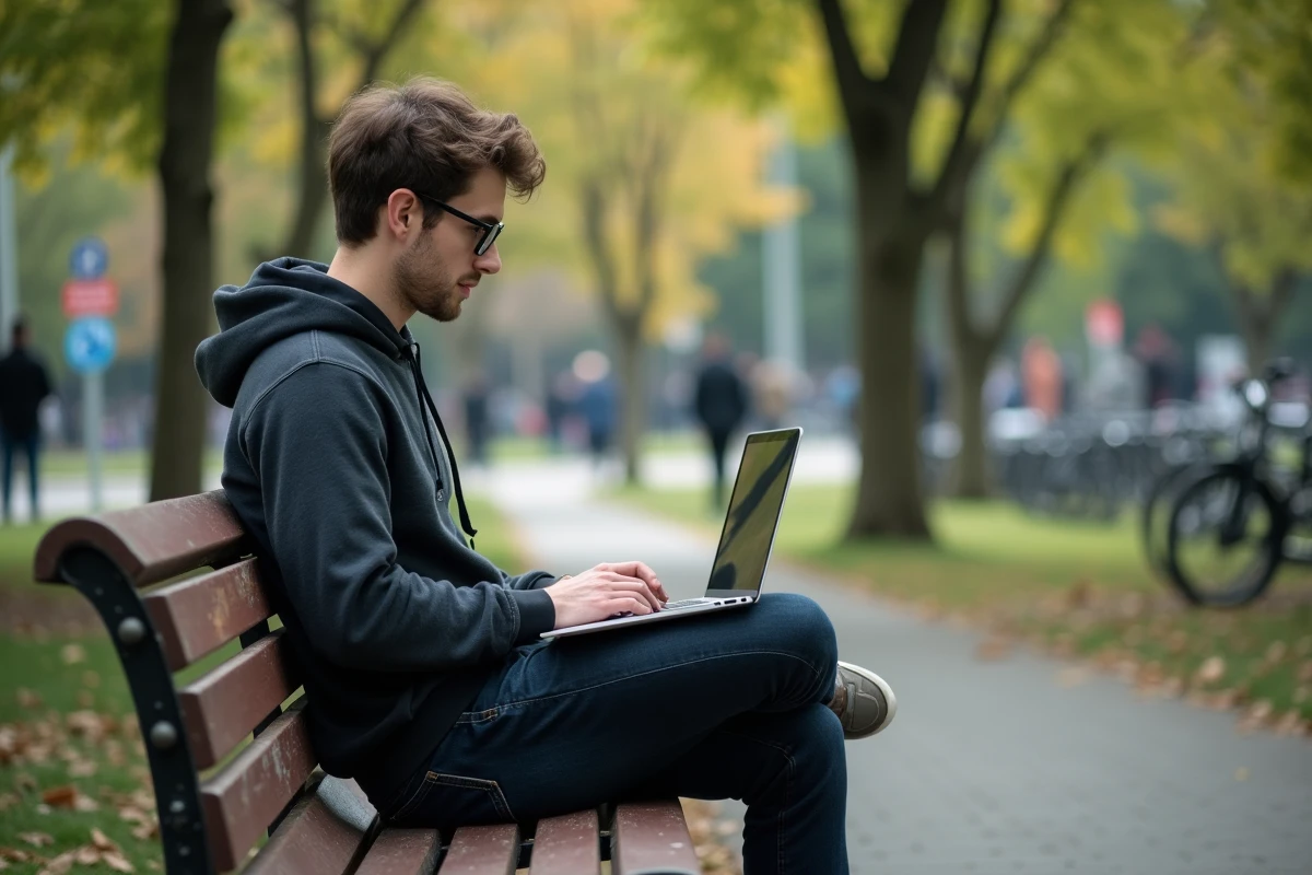 Étudiant dans un parc utilise une plateforme légale en ligne
