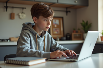 Adolescent concentré travaillant sur un ordinateur à la maison