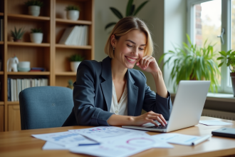 Jeune femme au bureau analysant des données et notes