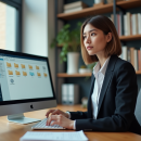 Jeune femme au bureau regardant son ordinateur portable