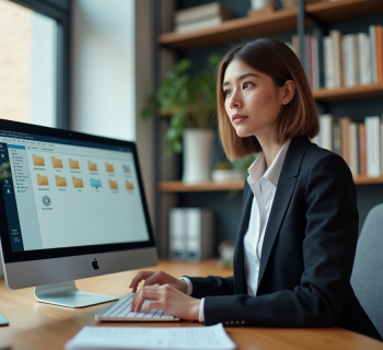 Jeune femme au bureau regardant son ordinateur portable