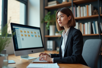 Jeune femme au bureau regardant son ordinateur portable