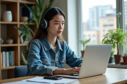 Jeune femme en denim et casque au bureau moderne