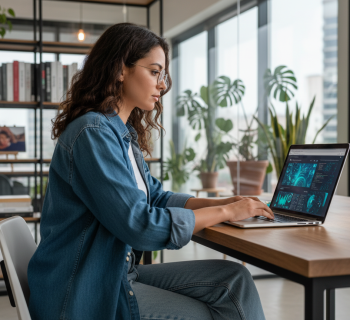 Jeune femme concentrée en coding dans un bureau moderne