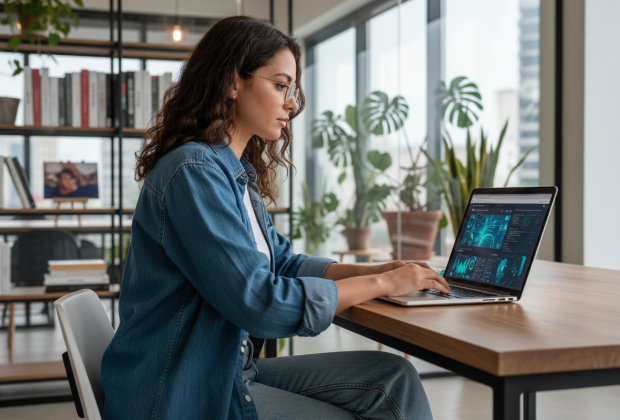 Jeune femme concentrée en coding dans un bureau moderne