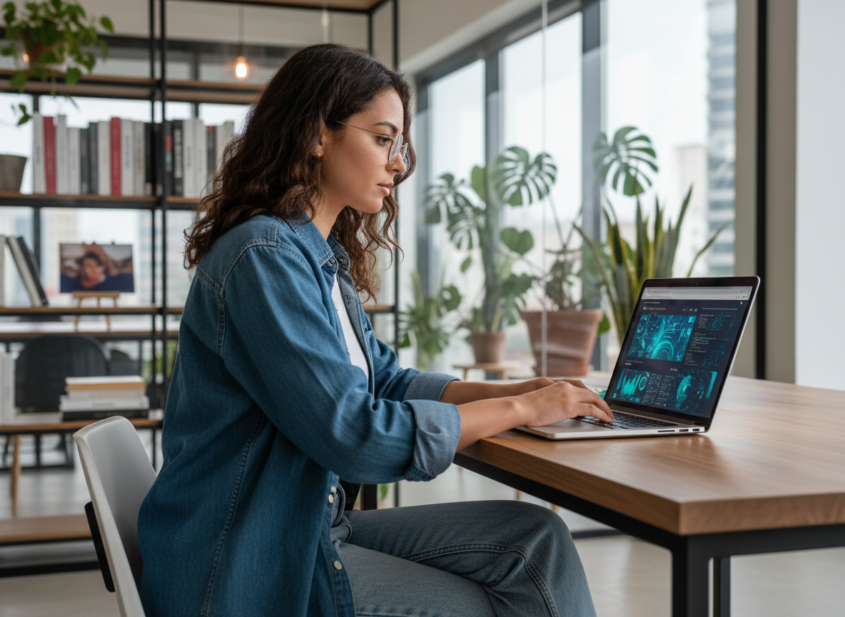 Jeune femme concentrée en coding dans un bureau moderne