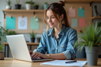 Jeune femme en denim créant un flyer dans son bureau